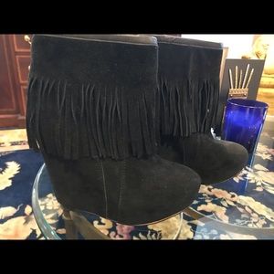 Kookaburra Black Suede Platform Fringe Boots